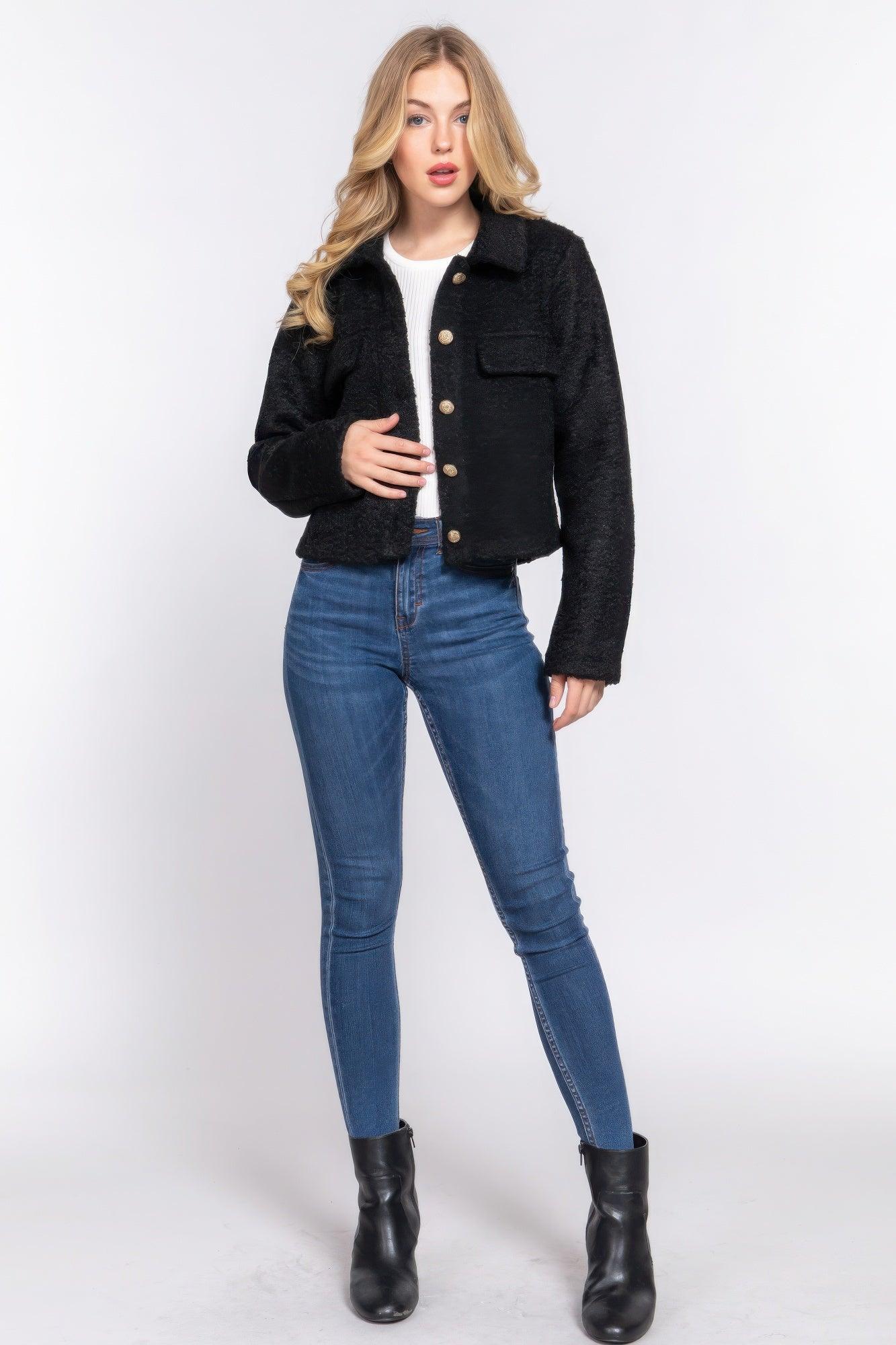 Long Slv Teddy Fleece Short Jacket | Mixtshop LLC