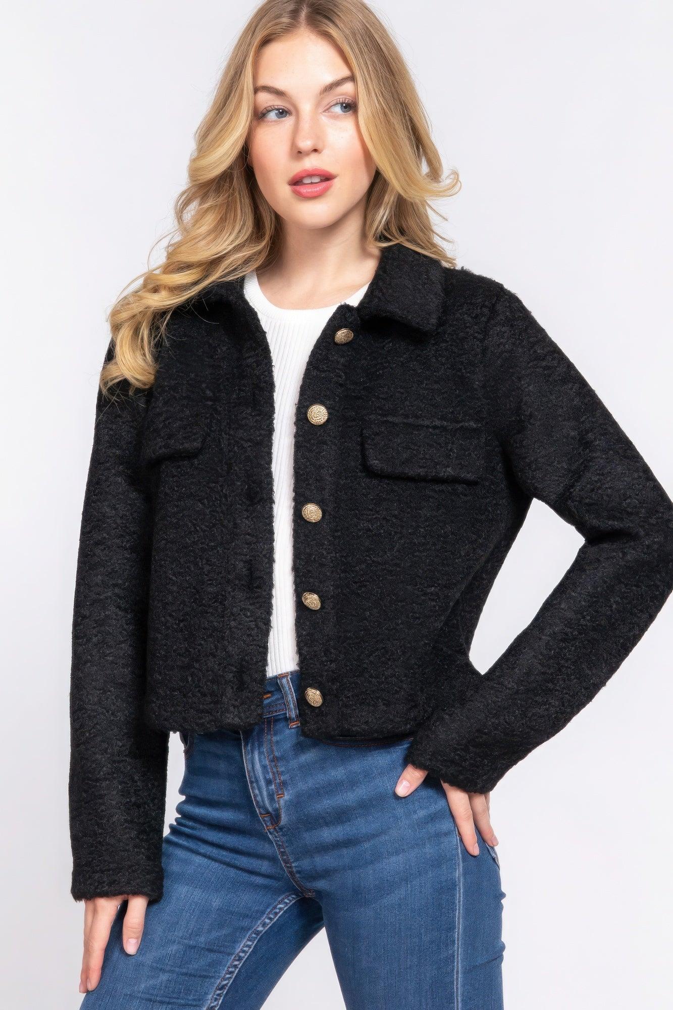 Long Slv Teddy Fleece Short Jacket | Mixtshop LLC