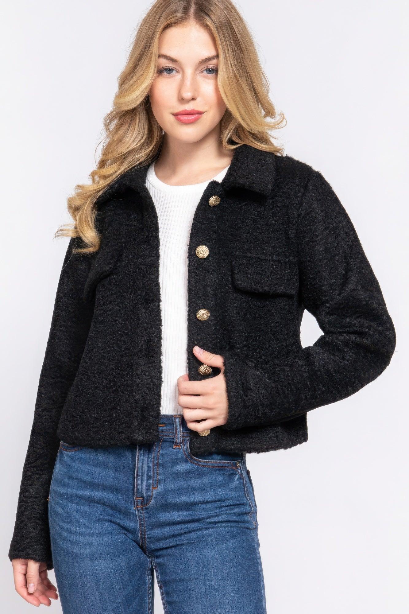 Long Slv Teddy Fleece Short Jacket | Mixtshop LLC