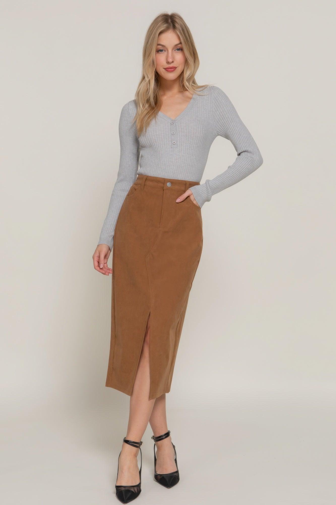 Front Open Slit Corduroy Midi Skirt | Mixtshop LLC