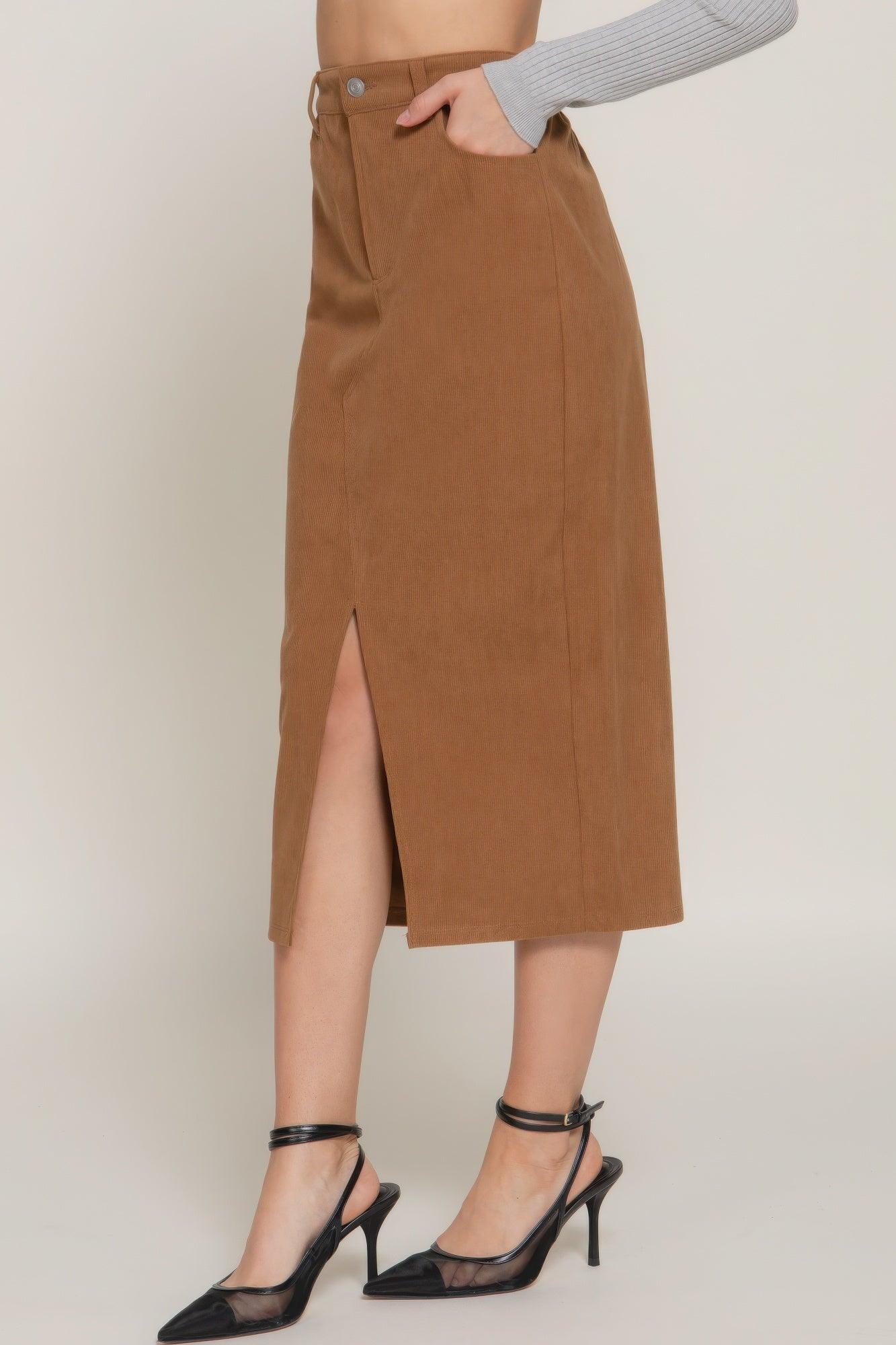 Front Open Slit Corduroy Midi Skirt | Mixtshop LLC