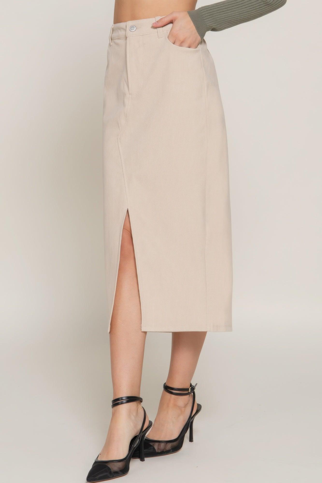 Front Open Slit Corduroy Midi Skirt | Mixtshop LLC