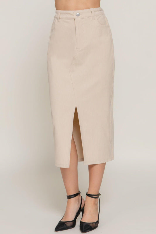 Front Open Slit Corduroy Midi Skirt | Mixtshop LLC