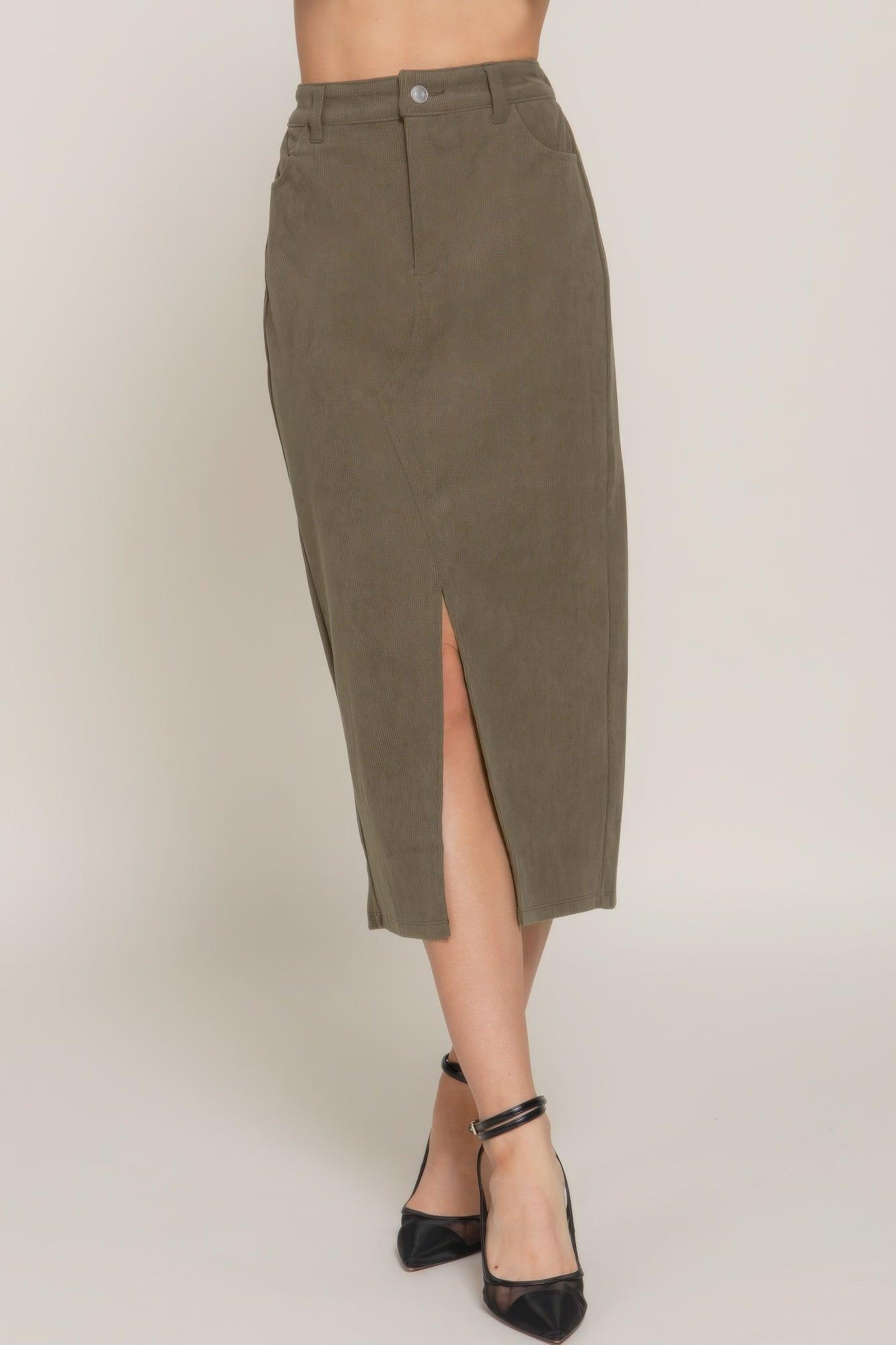 Front Open Slit Corduroy Midi Skirt | Mixtshop LLC