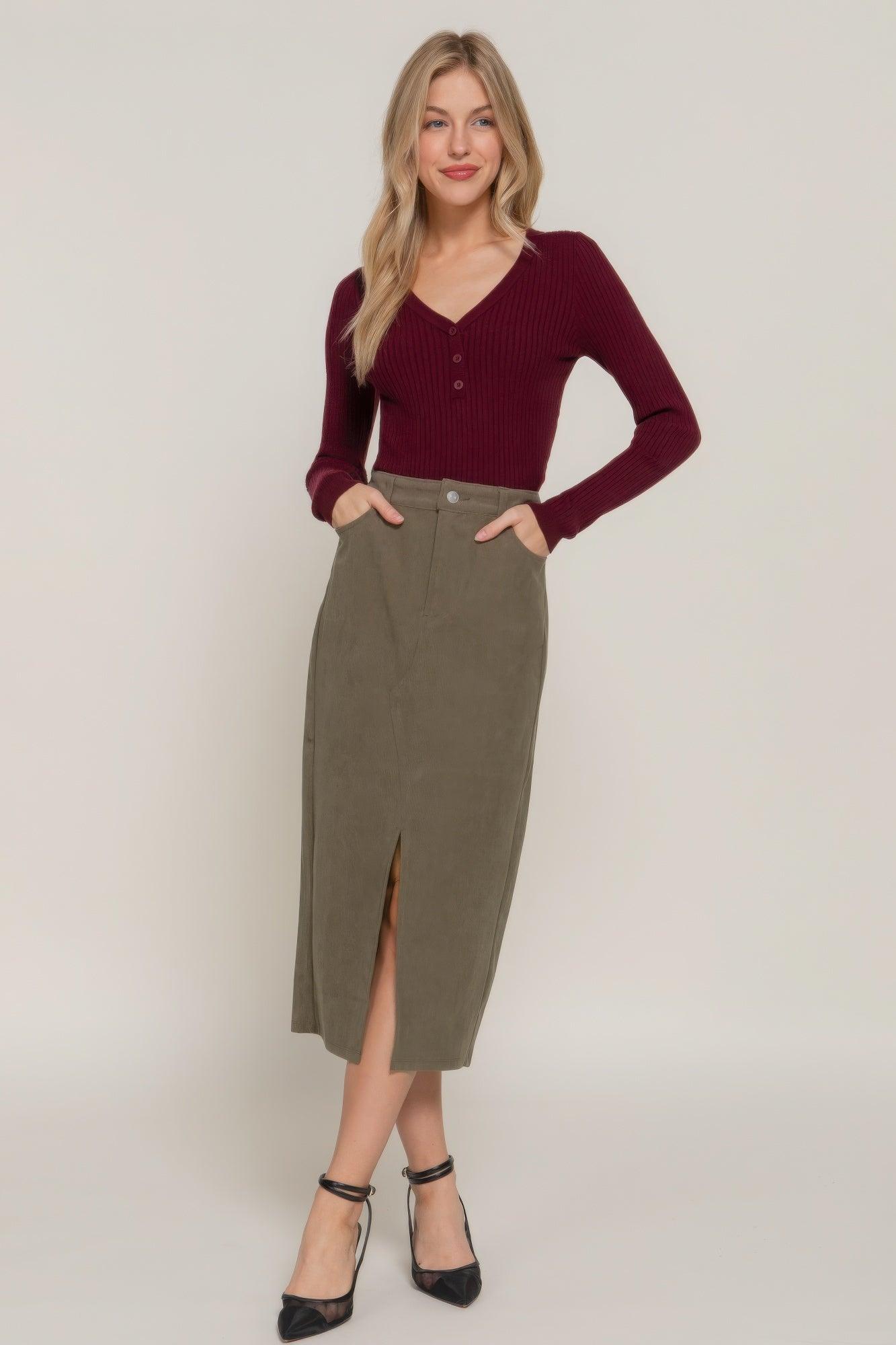 Front Open Slit Corduroy Midi Skirt | Mixtshop LLC