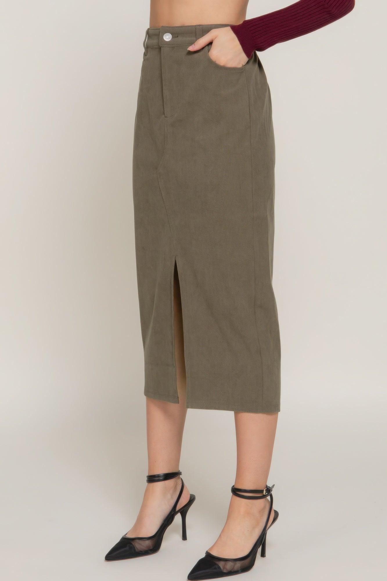Front Open Slit Corduroy Midi Skirt | Mixtshop LLC