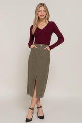 Front Open Slit Corduroy Midi Skirt | Mixtshop LLC