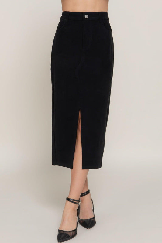 Front Open Slit Corduroy Midi Skirt | Mixtshop LLC
