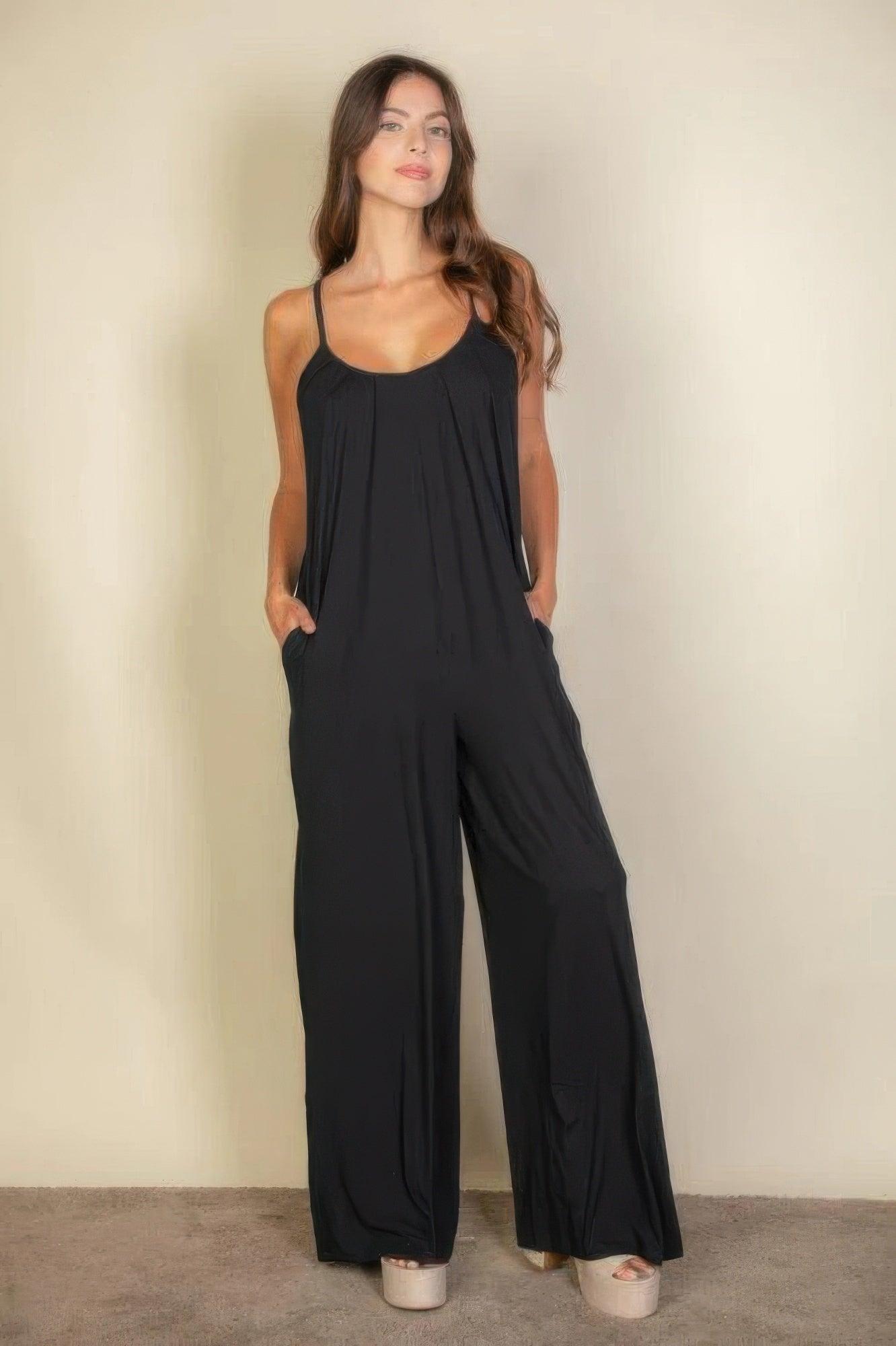 Spaghetti Strap Solid Wide Jumpsuit | Mixtshop LLC
