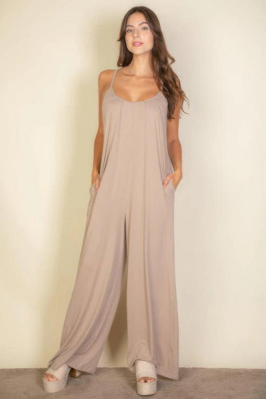 Spaghetti Strap Solid Wide Jumpsuit | Mixtshop LLC