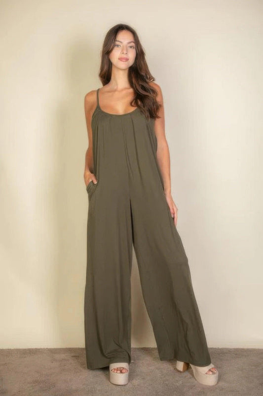 Spaghetti Strap Solid Wide Jumpsuit | Mixtshop LLC