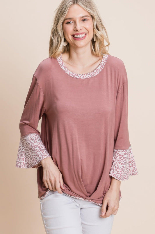 Animal Print Contrast Bell Sleeves Fashion Top With Gathered Front Hem | Mixtshop LLC