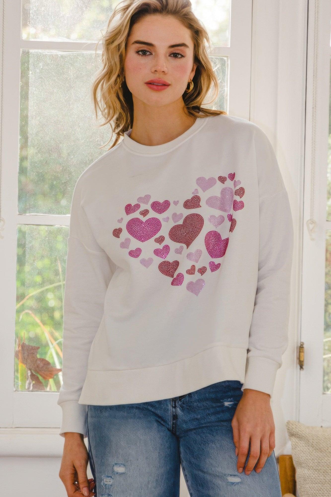 Hearts Hotfix Rhinestone Oversized Pullover | Mixtshop LLC