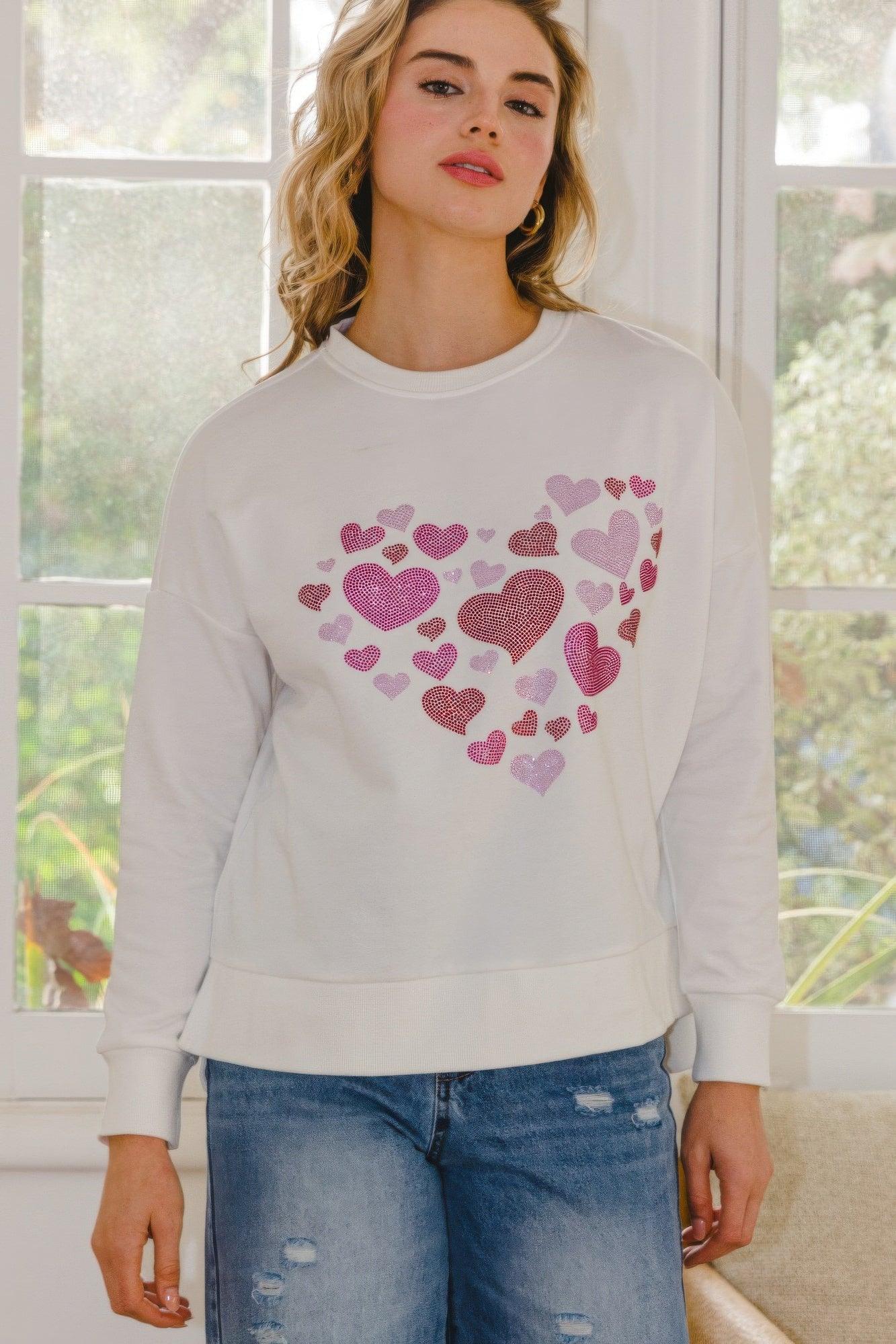 Hearts Hotfix Rhinestone Oversized Pullover | Mixtshop LLC