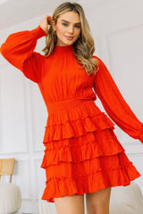 Long Sleeve Smocked Neck Tiered Ruffle Mini Dress | Mixtshop LLC
