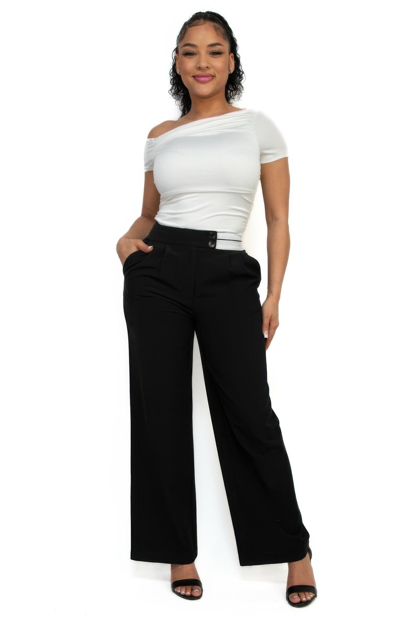 High-rise wide elastic contrast waist pants | Mixtshop LLC