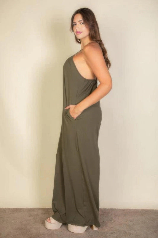 Plus spaghetti strap solid wide jumpsuit | Mixtshop LLC
