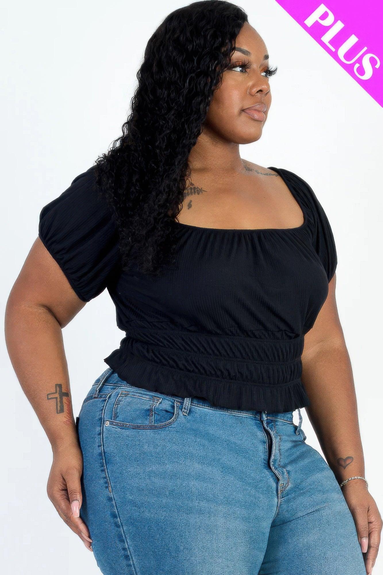 Plus size casual ruched puff sleeve ribbed knit solid top | Mixtshop LLC