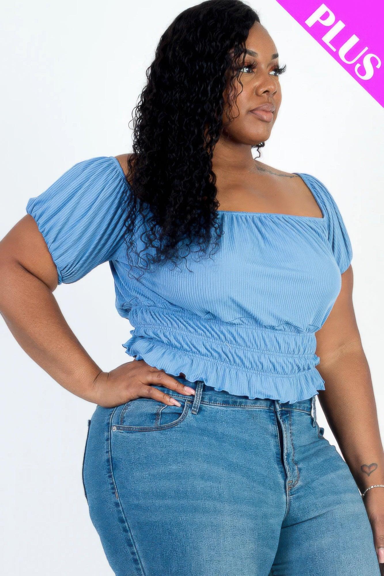Plus size casual ruched puff sleeve ribbed knit solid top | Mixtshop LLC