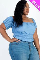 Plus size casual ruched puff sleeve ribbed knit solid top | Mixtshop LLC