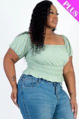 Plus size casual ruched puff sleeve ribbed knit solid top | Mixtshop LLC