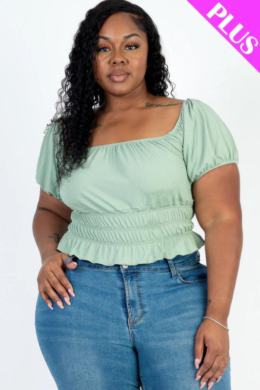 Plus size casual ruched puff sleeve ribbed knit solid top | Mixtshop LLC