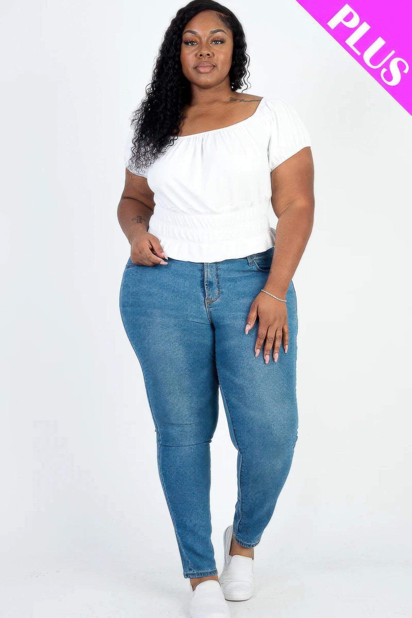 Plus size casual ruched puff sleeve ribbed knit solid top | Mixtshop LLC