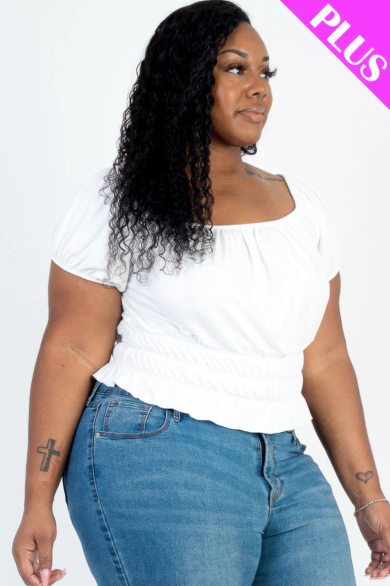 Plus size casual ruched puff sleeve ribbed knit solid top | Mixtshop LLC