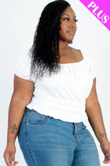 Plus size casual ruched puff sleeve ribbed knit solid top | Mixtshop LLC