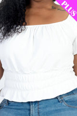 Plus size casual ruched puff sleeve ribbed knit solid top | Mixtshop LLC