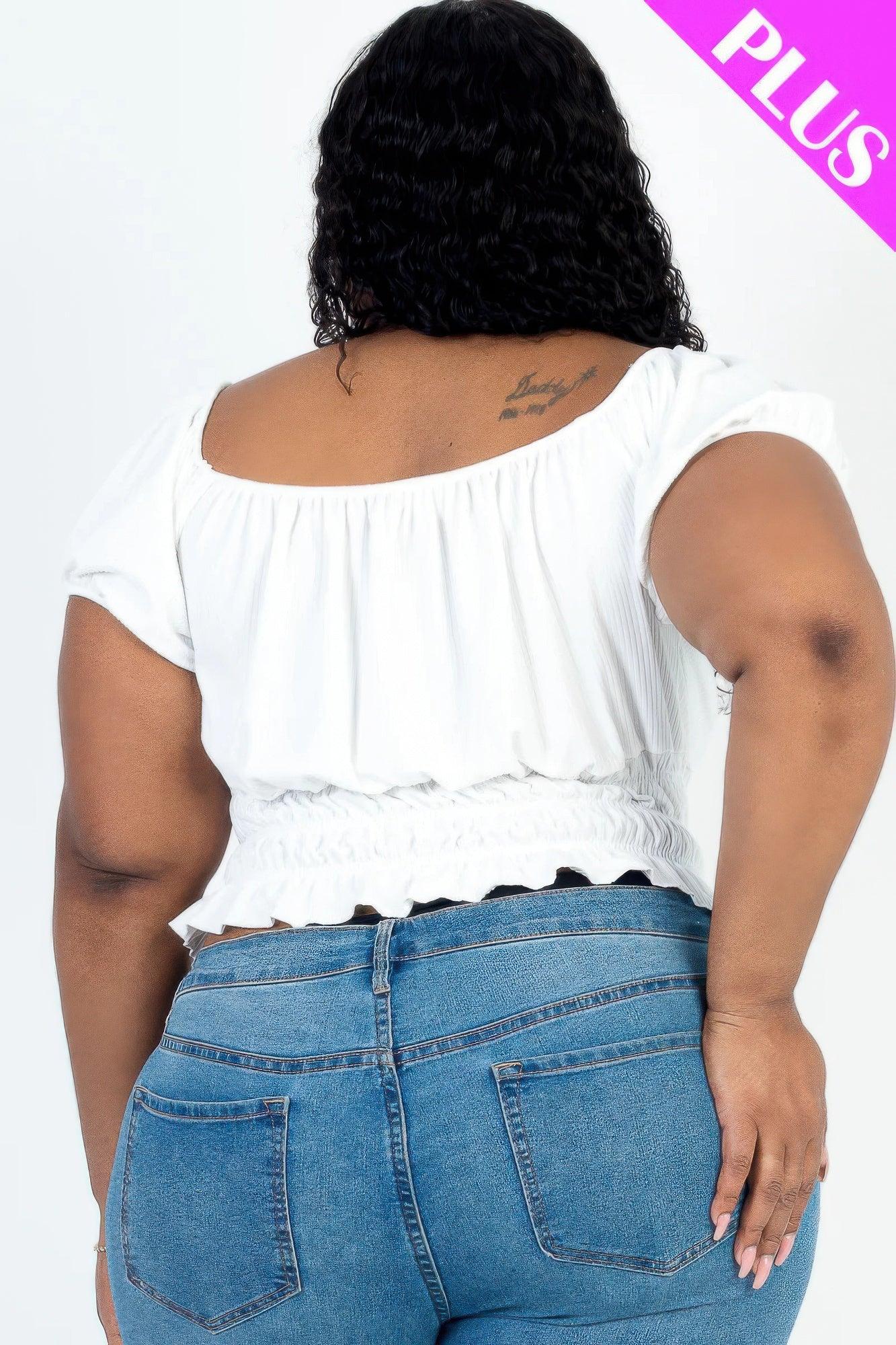 Plus size casual ruched puff sleeve ribbed knit solid top | Mixtshop LLC