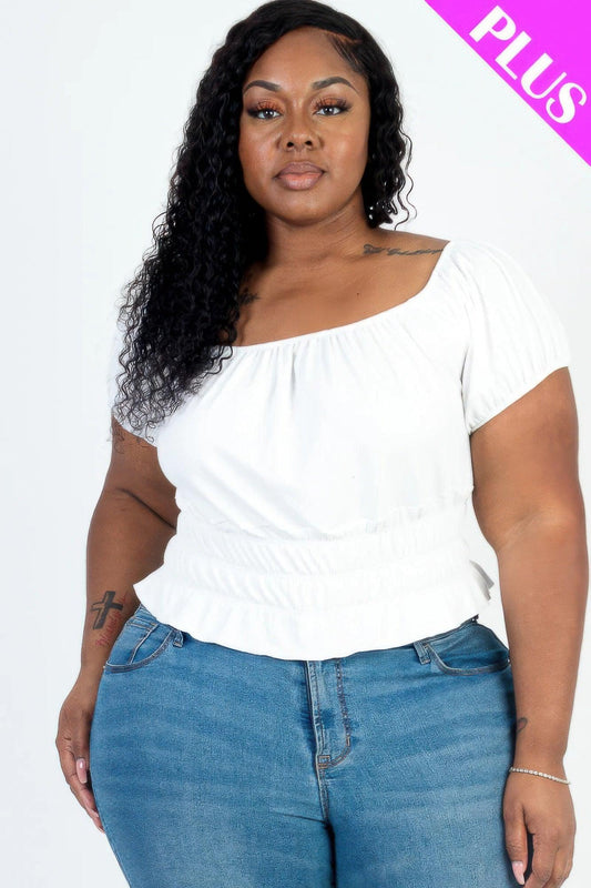 Plus size casual ruched puff sleeve ribbed knit solid top | Mixtshop LLC