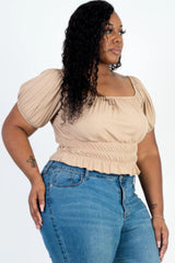 Plus size casual ruched puff sleeve ribbed knit solid top | Mixtshop LLC