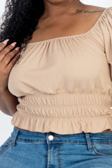 Plus size casual ruched puff sleeve ribbed knit solid top | Mixtshop LLC