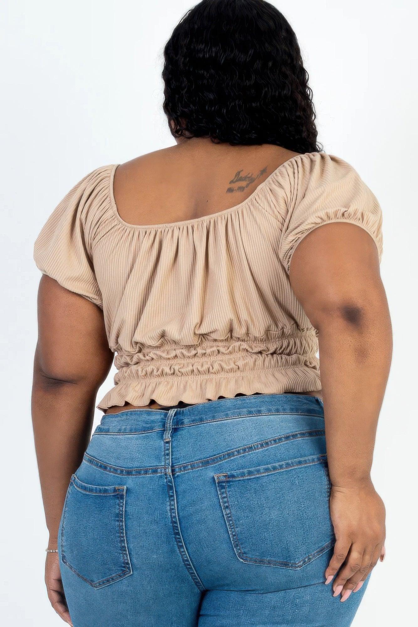 Plus size casual ruched puff sleeve ribbed knit solid top | Mixtshop LLC