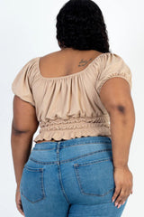 Plus size casual ruched puff sleeve ribbed knit solid top | Mixtshop LLC