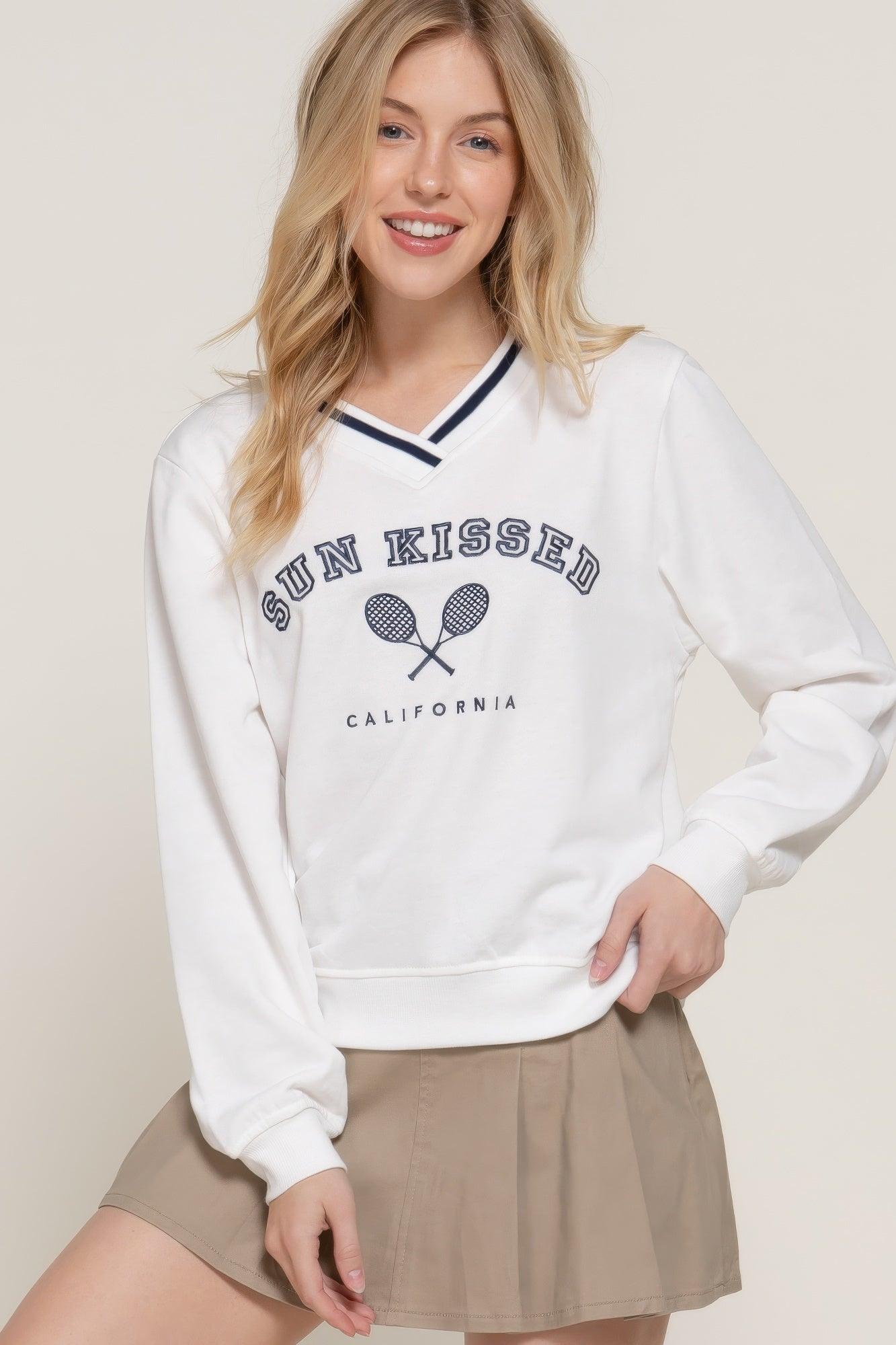 Long slv v-neck embroidered sweatshirt | Mixtshop LLC