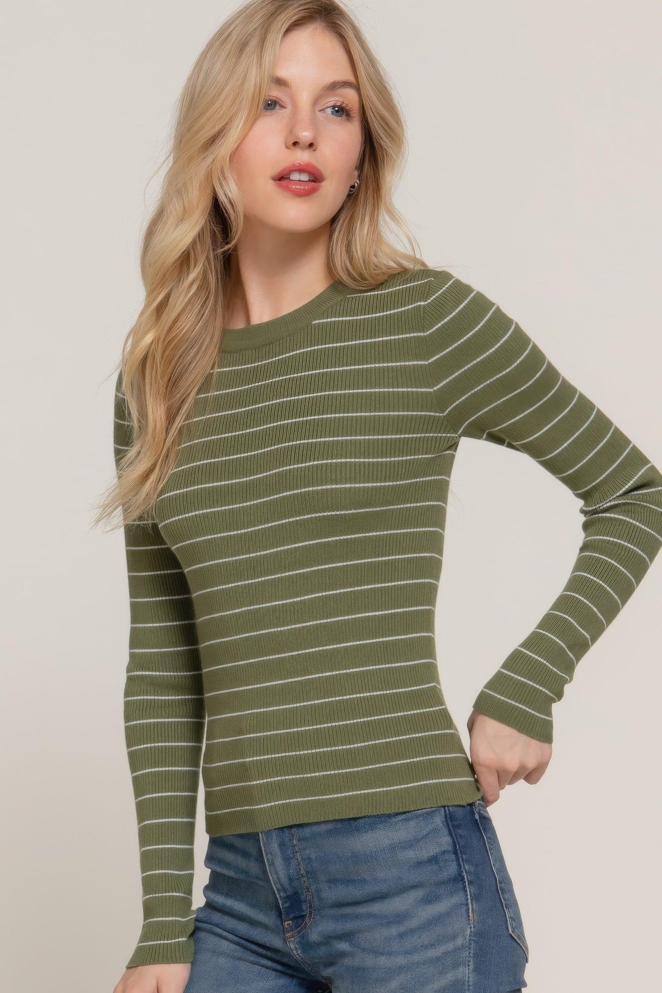 Long slv crew neck stripe sweater | Mixtshop LLC