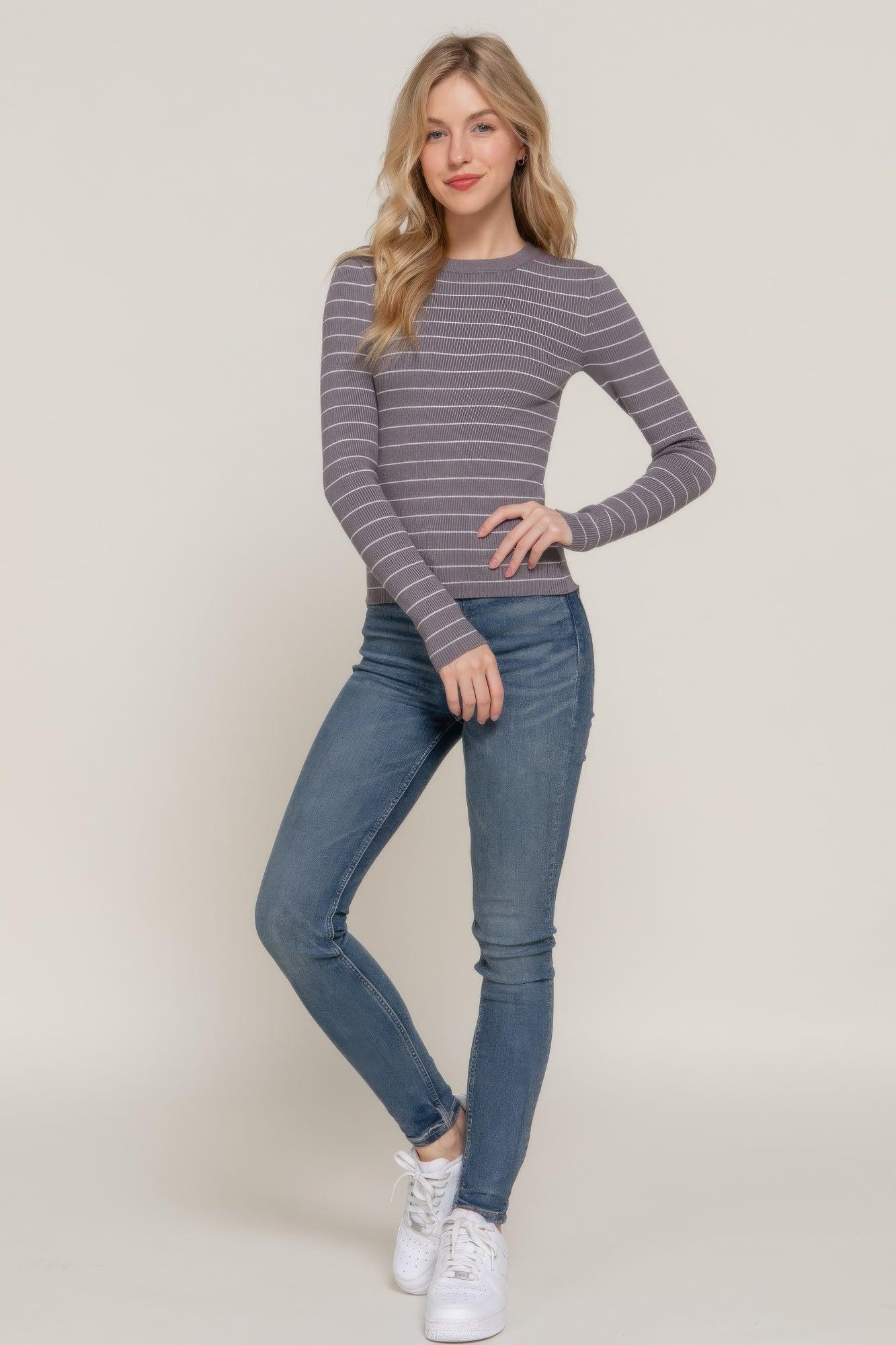 Long slv crew neck stripe sweater | Mixtshop LLC