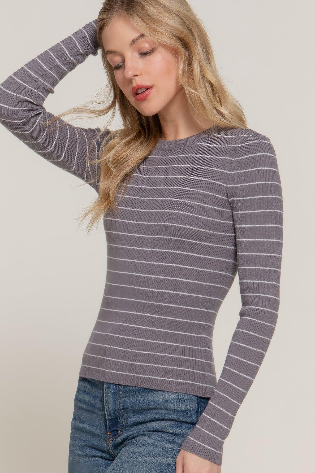 Long slv crew neck stripe sweater | Mixtshop LLC