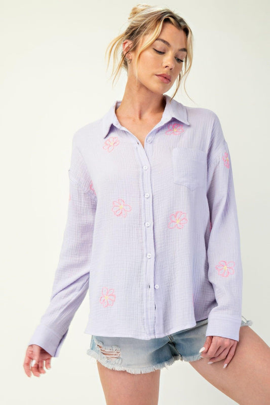 Embo detailed cotton gauze button down shirt | Mixtshop LLC