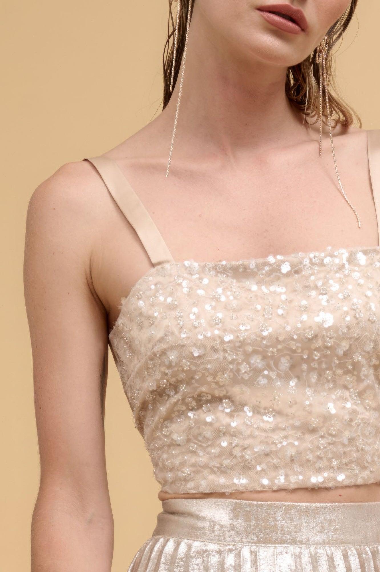 Floral sequins straight neck crop top | Mixtshop LLC