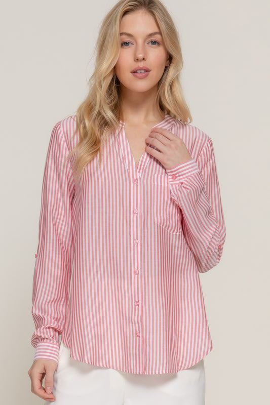 Long Slv Split Round Neck Stripe Woven Shirt | Mixtshop LLC