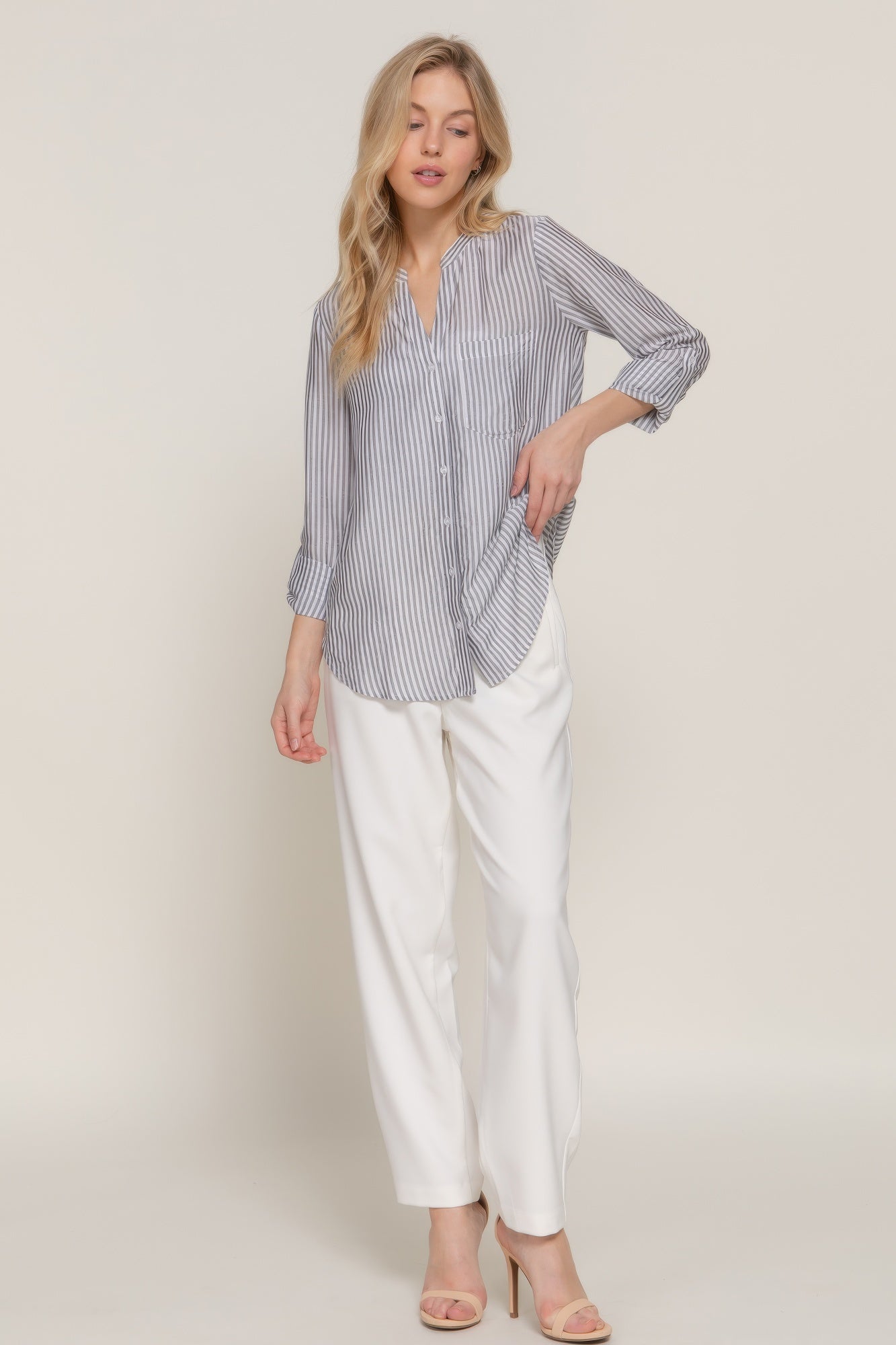 Long Slv Split Round Neck Stripe Woven Shirt | Mixtshop LLC