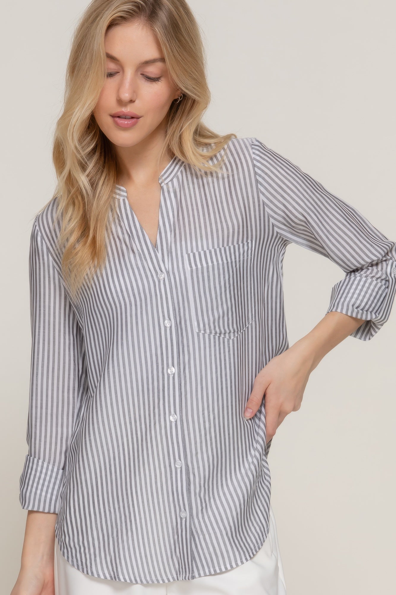 Long Slv Split Round Neck Stripe Woven Shirt | Mixtshop LLC
