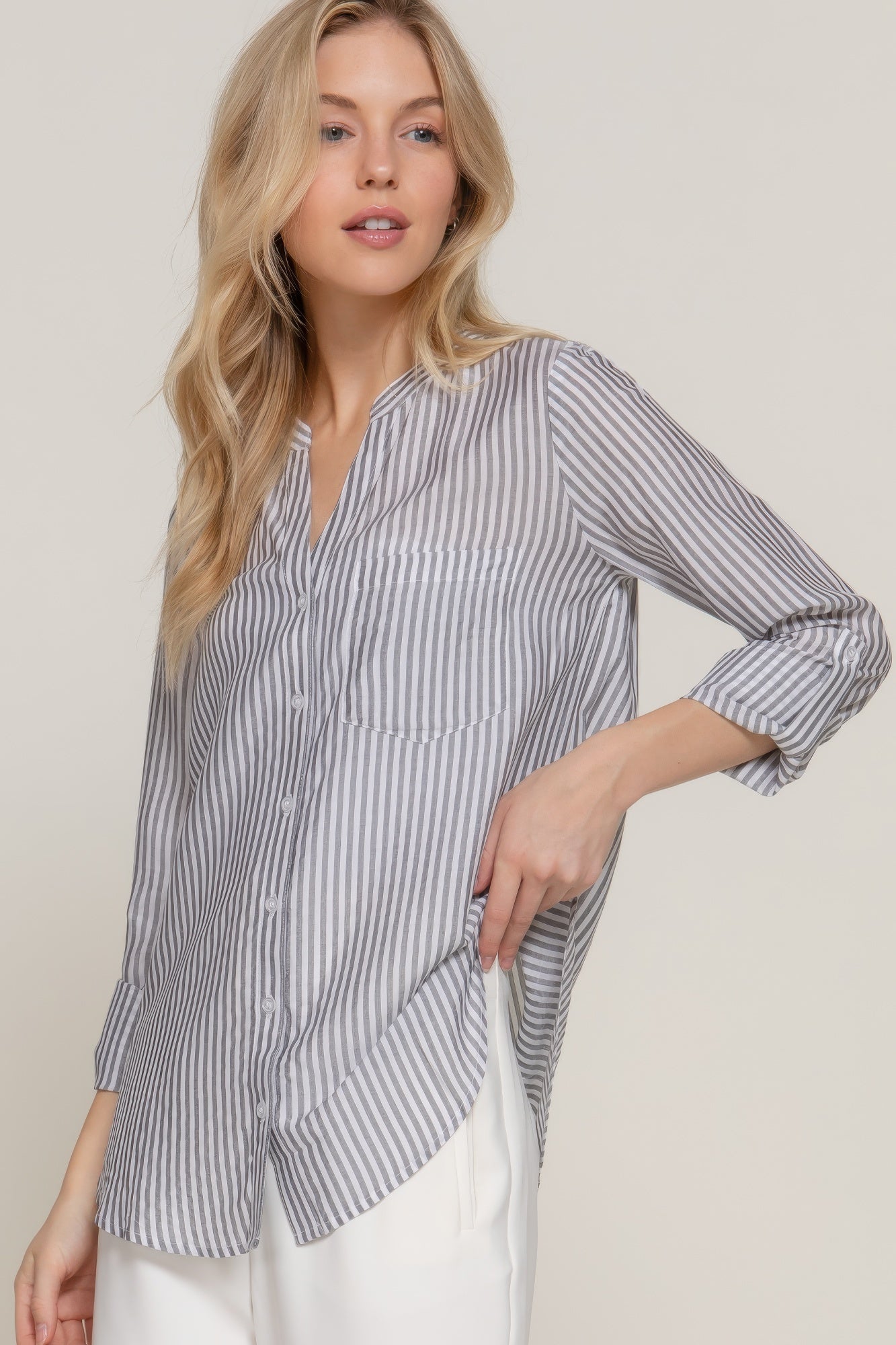 Long Slv Split Round Neck Stripe Woven Shirt | Mixtshop LLC
