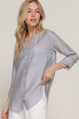 Long Slv Split Round Neck Stripe Woven Shirt | Mixtshop LLC