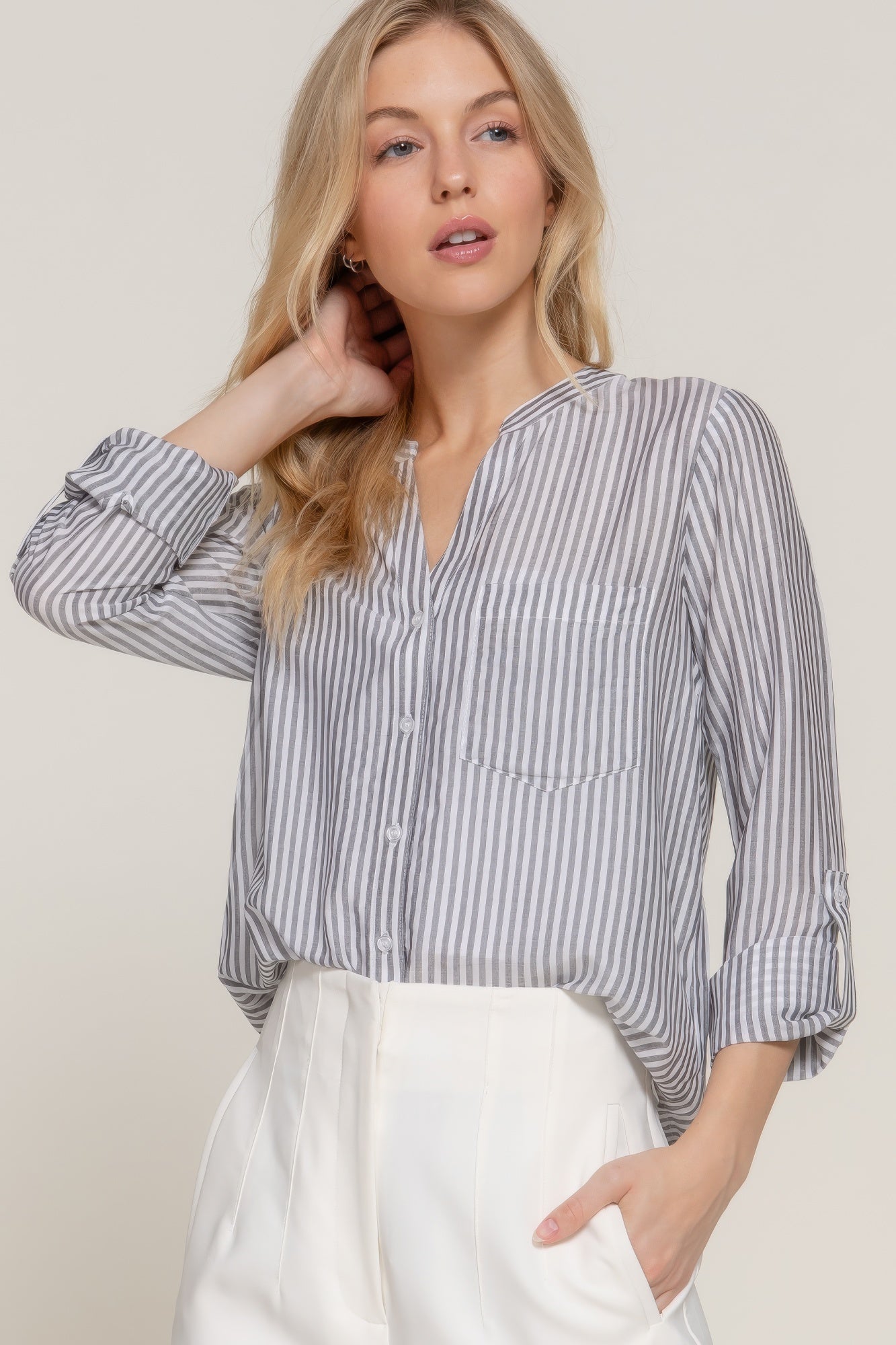 Long Slv Split Round Neck Stripe Woven Shirt | Mixtshop LLC