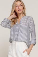 Long Slv Split Round Neck Stripe Woven Shirt | Mixtshop LLC