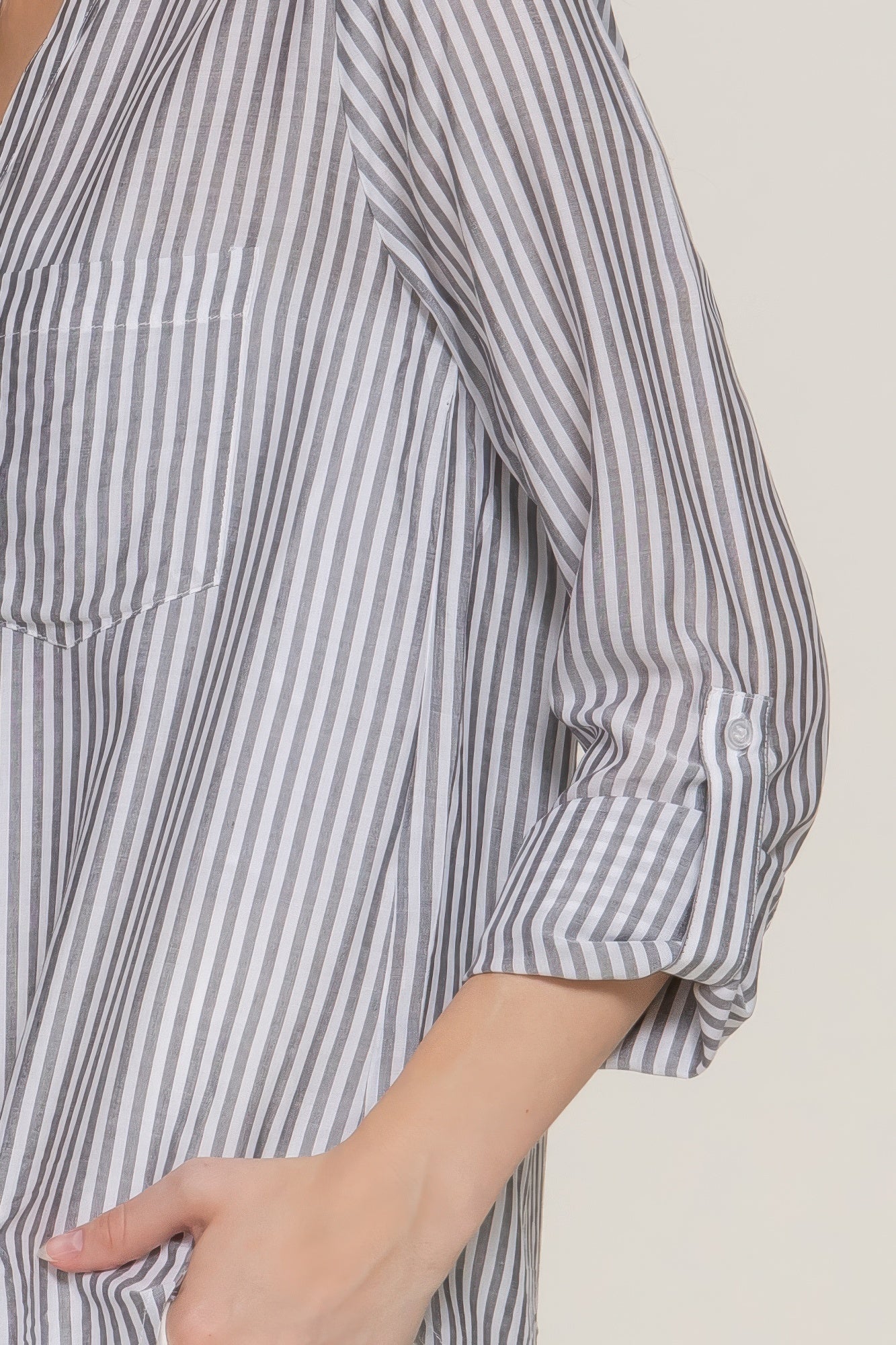 Long Slv Split Round Neck Stripe Woven Shirt | Mixtshop LLC